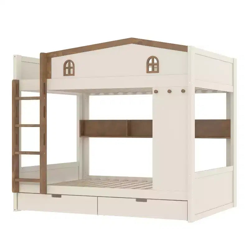 Queen over Queen Bunk Bed with Storage Drawers, Shelves and Hooks, Solid Wood