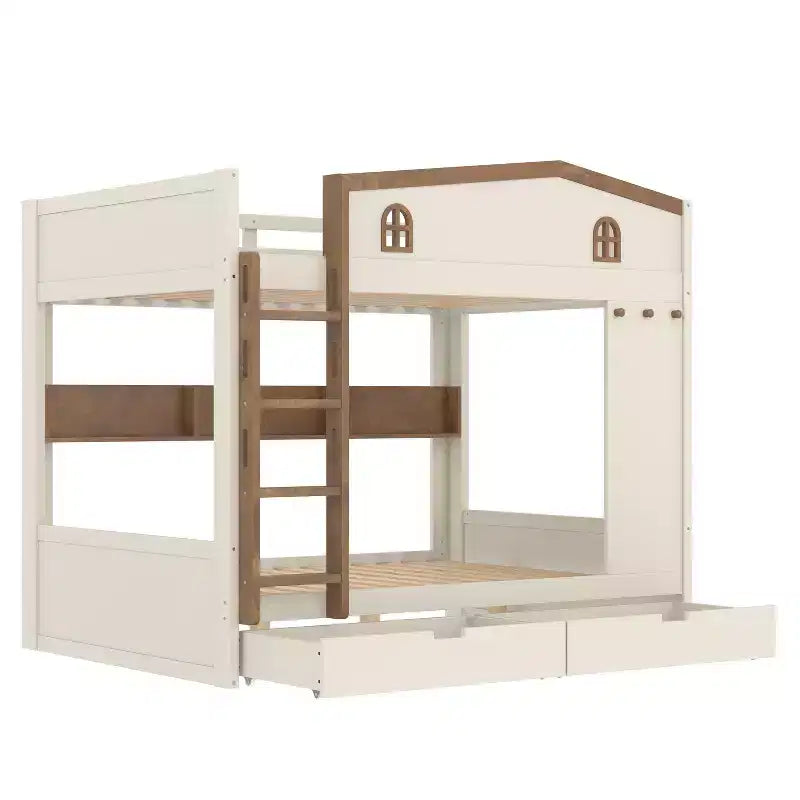 Queen over Queen Bunk Bed with Storage Drawers, Shelves and Hooks, Solid Wood