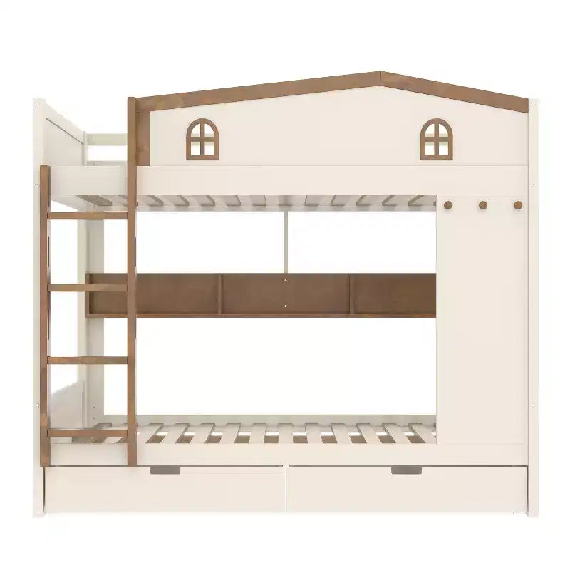 Queen over Queen Bunk Bed with Storage Drawers, Shelves and Hooks, Solid Wood