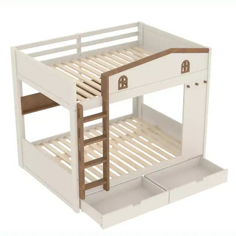 Queen over Queen Bunk Bed with Storage Drawers, Shelves and Hooks, Solid Wood