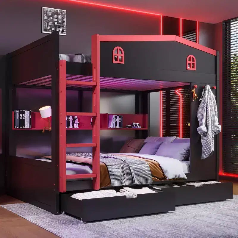 Queen over Queen Bunk Bed with Storage Drawers, Shelves and Hooks, Solid Wood
