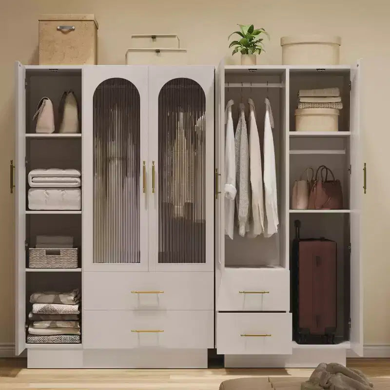 70" Tall Storage Cabinet with Glass Door, Hanging Rods and 2 Drawers, White
