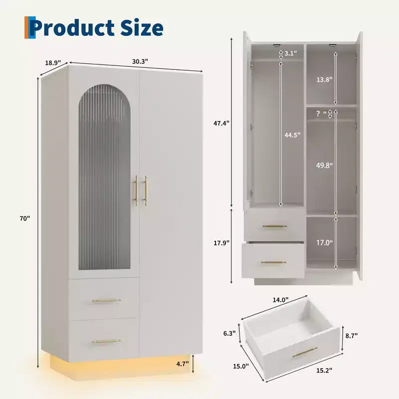 70" Tall Storage Cabinet with Glass Door, Hanging Rods and 2 Drawers, White
