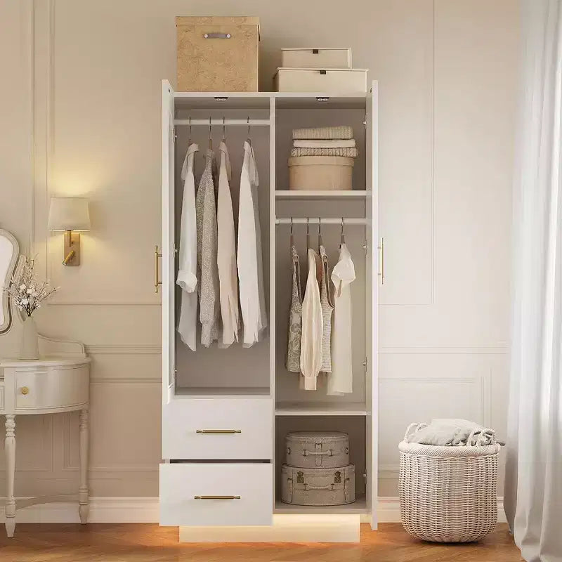70" Tall Storage Cabinet with Glass Door, Hanging Rods and 2 Drawers, White