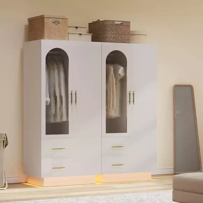 70" Tall Storage Cabinet with Glass Door, Hanging Rods and 2 Drawers, White