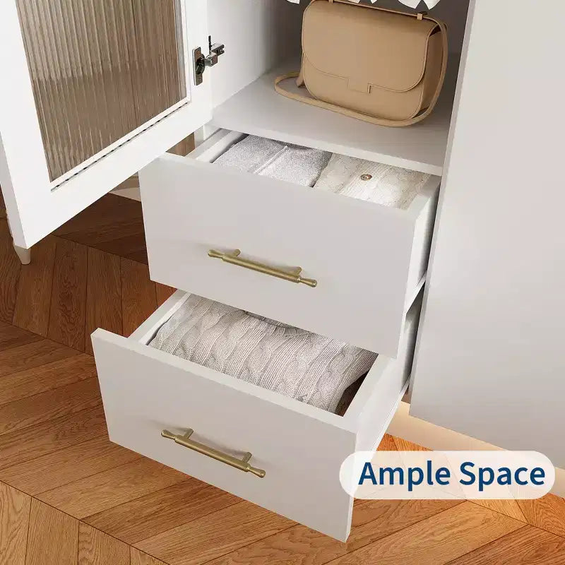 70" Tall Storage Cabinet with Glass Door, Hanging Rods and 2 Drawers, White