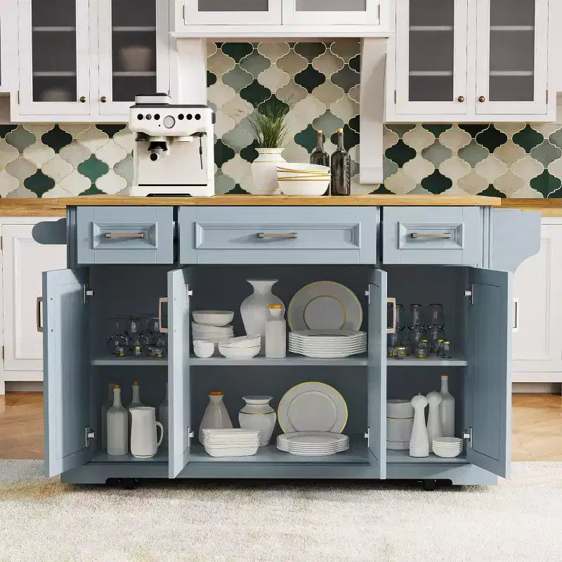 54" Kitchen Island with Rubber Wood Drop Leaf, Wheels, 4 Doors and 3 Drawers
