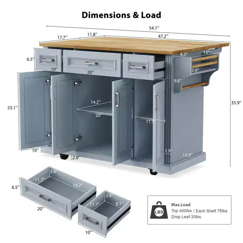 54" Kitchen Island with Rubber Wood Drop Leaf, Wheels, 4 Doors and 3 Drawers