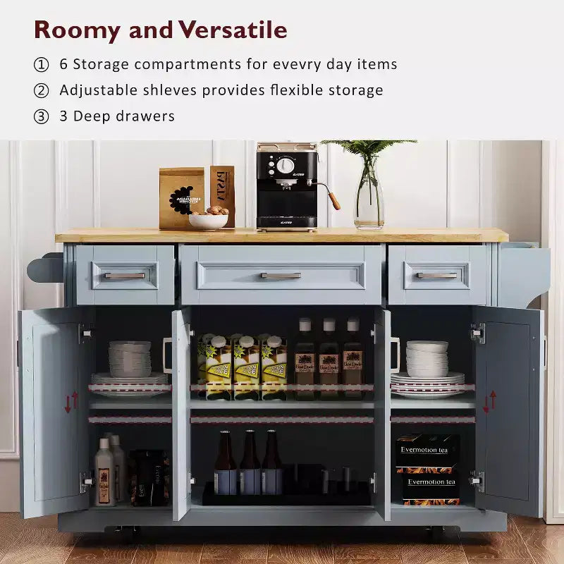 54" Kitchen Island with Rubber Wood Drop Leaf, Wheels, 4 Doors and 3 Drawers