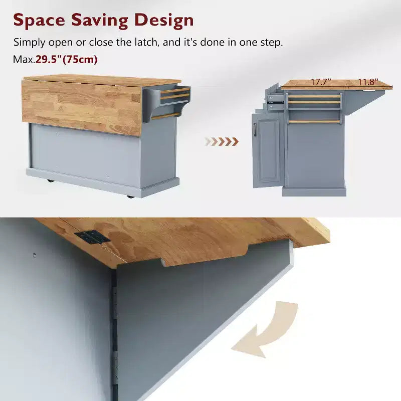 54" Kitchen Island with Rubber Wood Drop Leaf, Wheels, 4 Doors and 3 Drawers