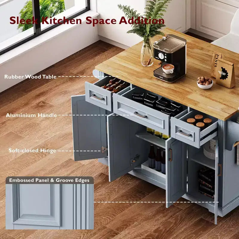 54" Kitchen Island with Rubber Wood Drop Leaf, Wheels, 4 Doors and 3 Drawers
