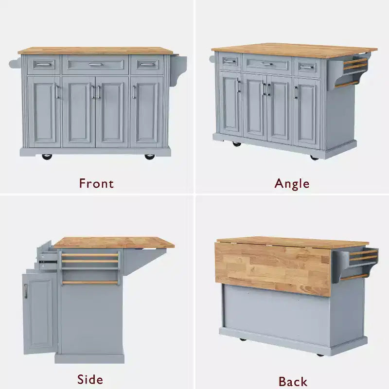 54" Kitchen Island with Rubber Wood Drop Leaf, Wheels, 4 Doors and 3 Drawers