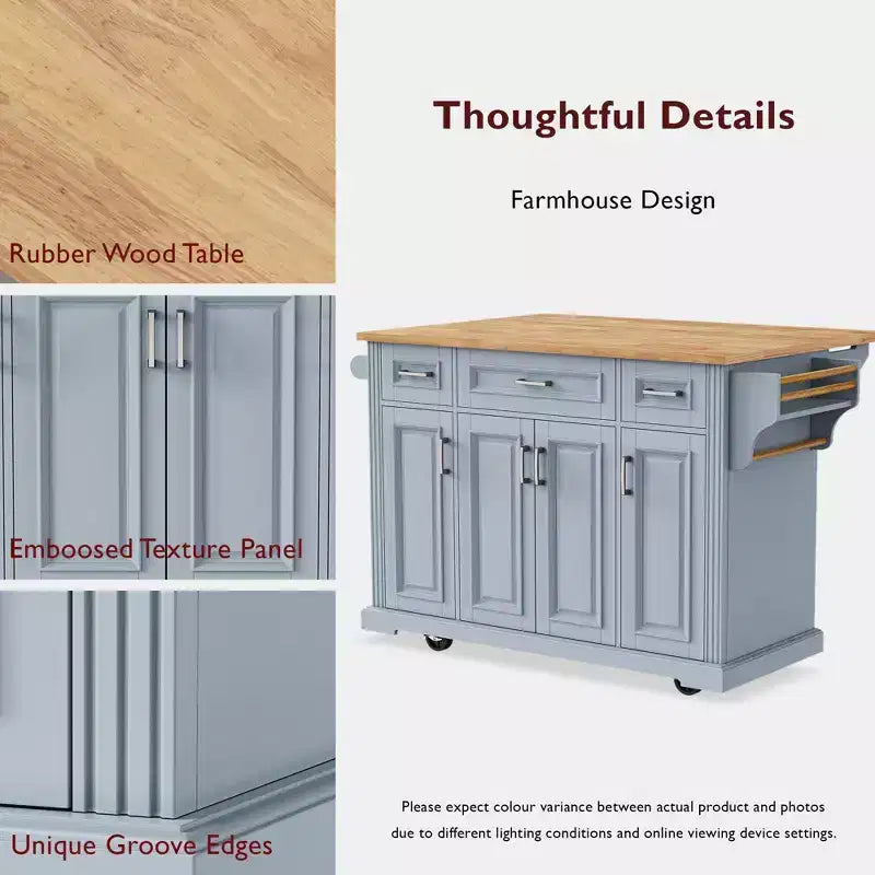 54" Kitchen Island with Rubber Wood Drop Leaf, Wheels, 4 Doors and 3 Drawers