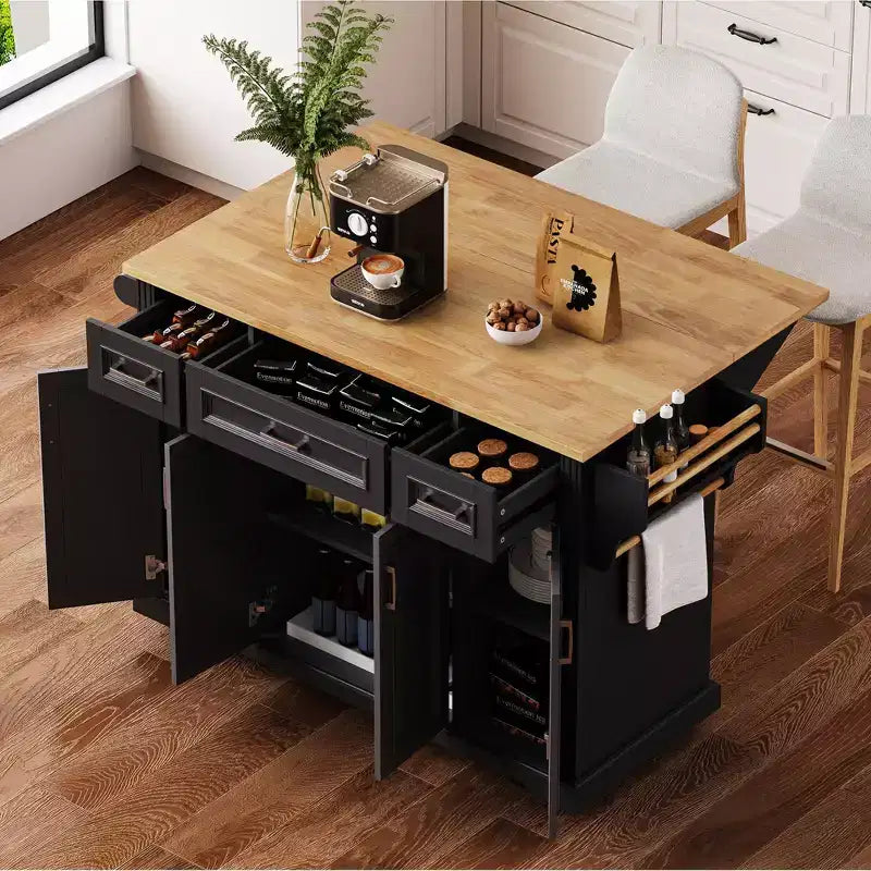 54" Kitchen Island with Rubber Wood Drop Leaf, Wheels, 4 Doors and 3 Drawers