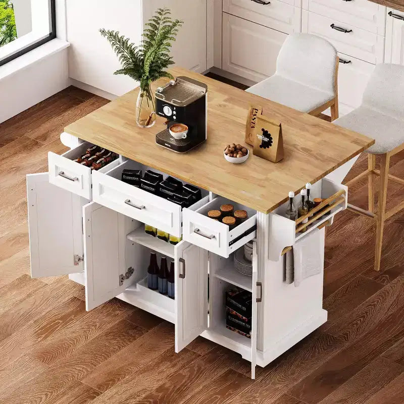 54" Kitchen Island with Rubber Wood Drop Leaf, Wheels, 4 Doors and 3 Drawers
