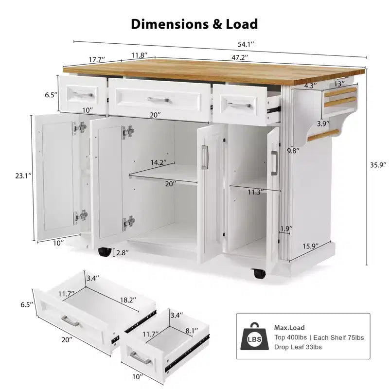 54" Kitchen Island with Rubber Wood Drop Leaf, Wheels, 4 Doors and 3 Drawers