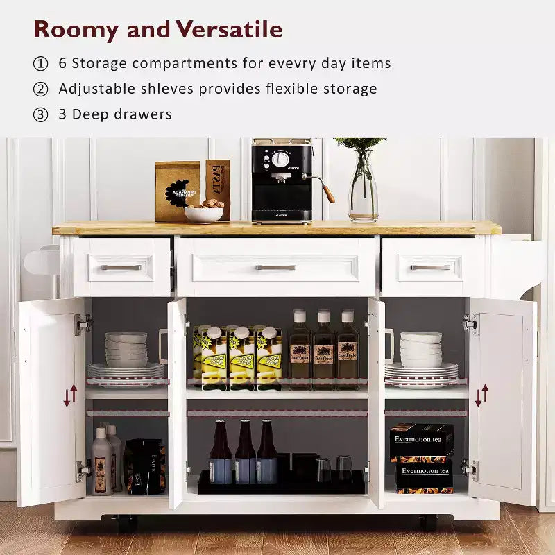 54" Kitchen Island with Rubber Wood Drop Leaf, Wheels, 4 Doors and 3 Drawers