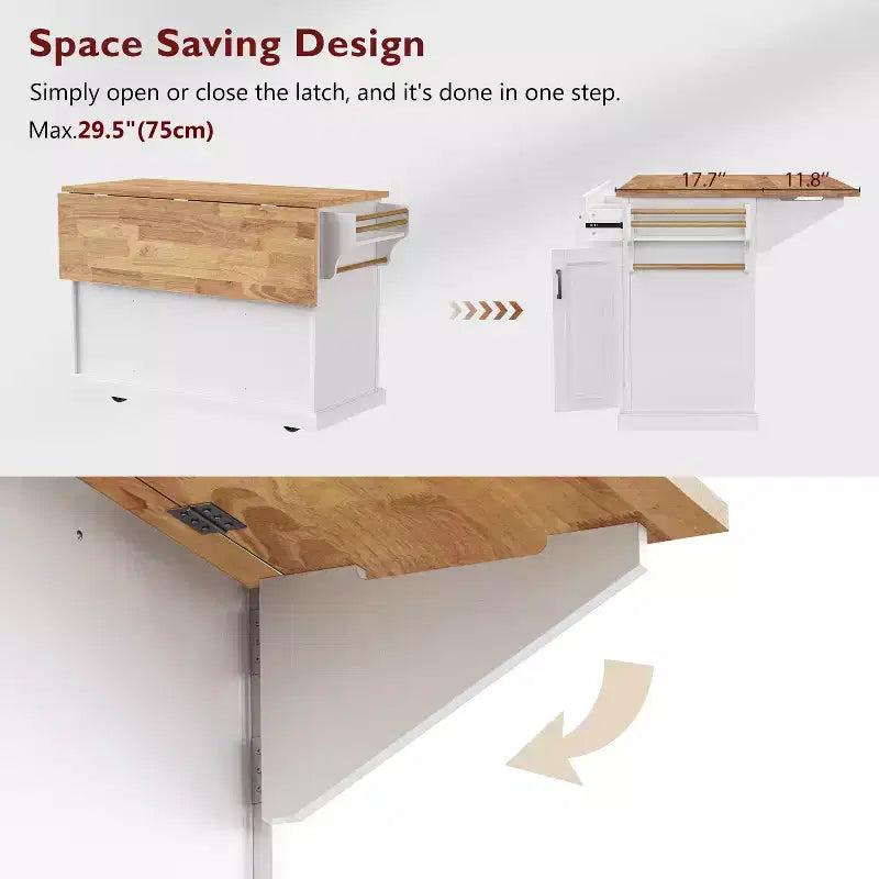 54" Kitchen Island with Rubber Wood Drop Leaf, Wheels, 4 Doors and 3 Drawers