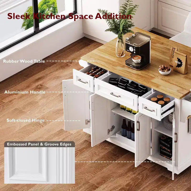 54" Kitchen Island with Rubber Wood Drop Leaf, Wheels, 4 Doors and 3 Drawers