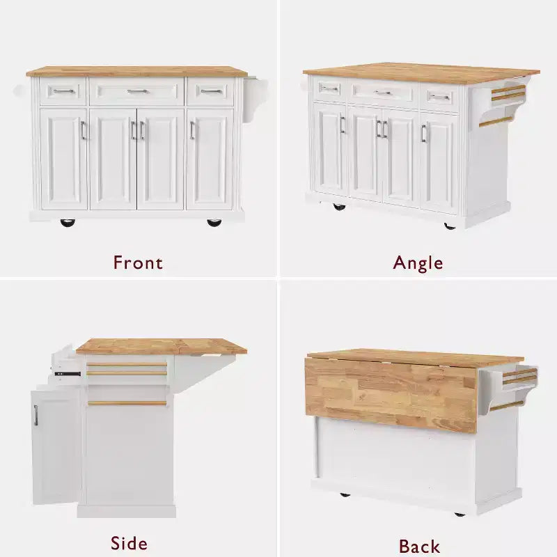 54" Kitchen Island with Rubber Wood Drop Leaf, Wheels, 4 Doors and 3 Drawers