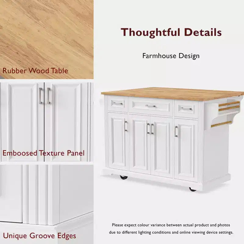 54" Kitchen Island with Rubber Wood Drop Leaf, Wheels, 4 Doors and 3 Drawers