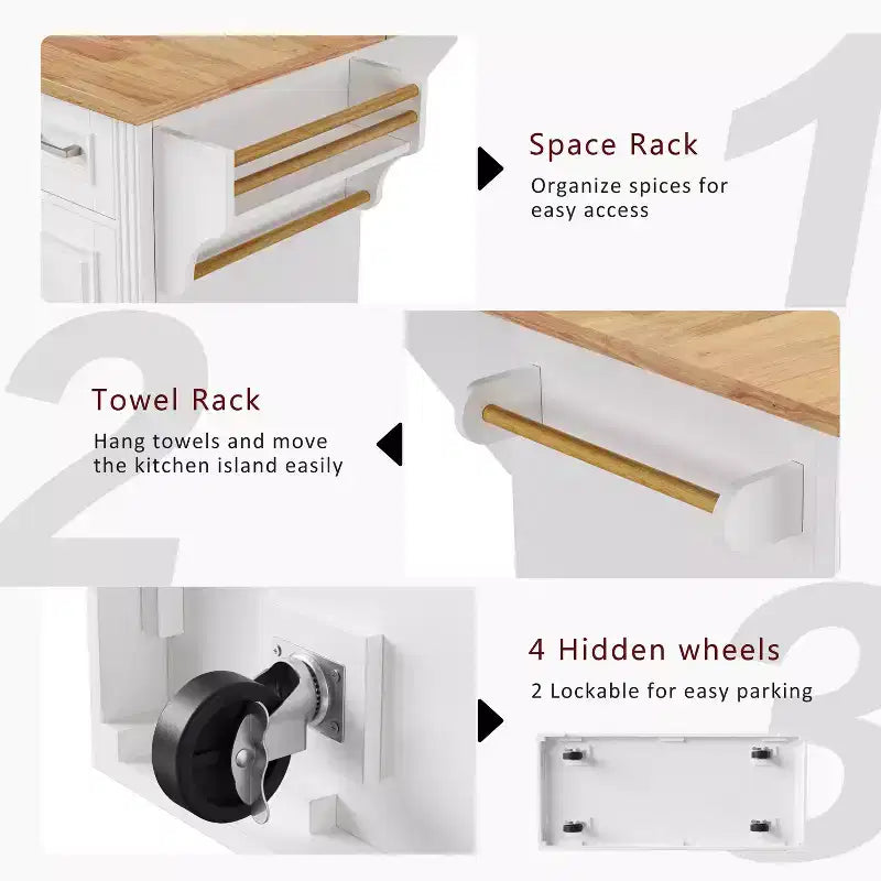 54" Kitchen Island with Rubber Wood Drop Leaf, Wheels, 4 Doors and 3 Drawers