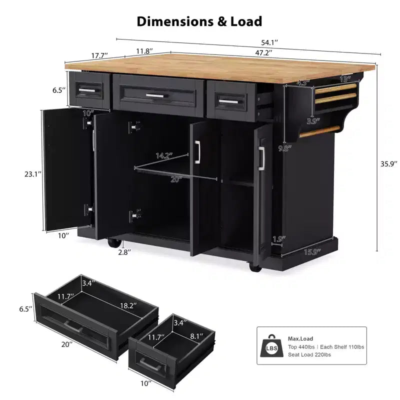 54" Kitchen Island with Rubber Wood Drop Leaf, Wheels, 4 Doors and 3 Drawers