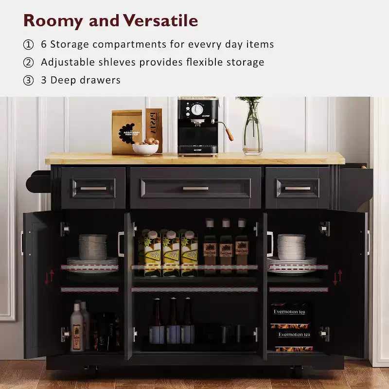 54" Kitchen Island with Rubber Wood Drop Leaf, Wheels, 4 Doors and 3 Drawers