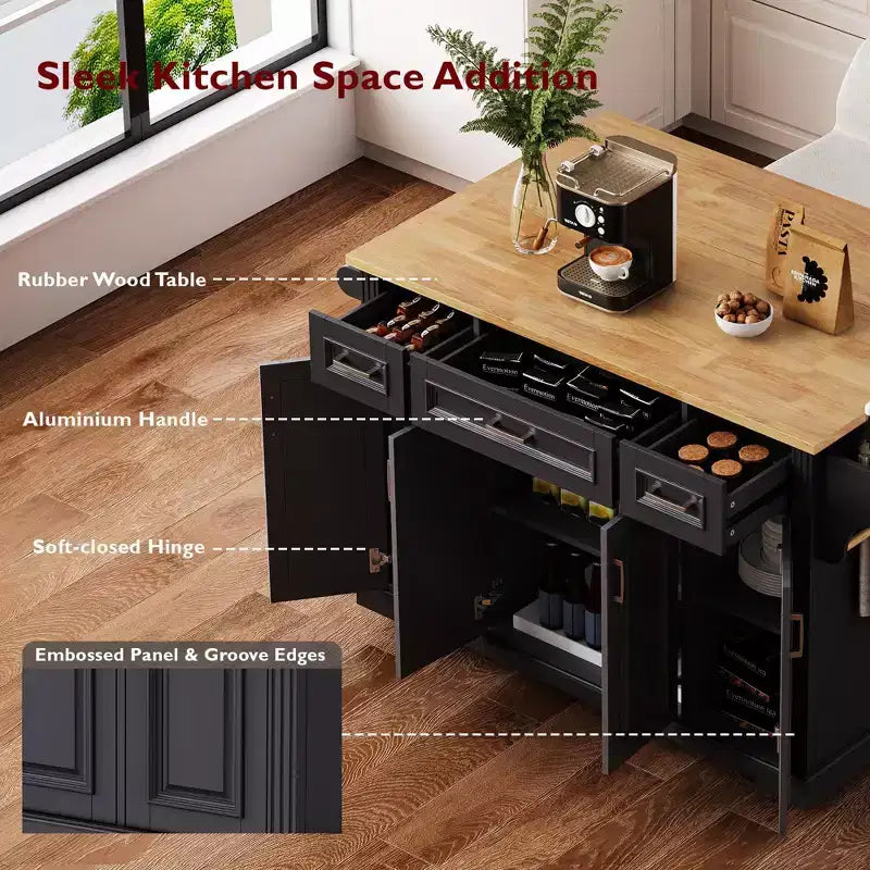 54" Kitchen Island with Rubber Wood Drop Leaf, Wheels, 4 Doors and 3 Drawers