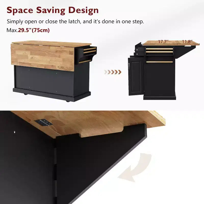 54" Kitchen Island with Rubber Wood Drop Leaf, Wheels, 4 Doors and 3 Drawers