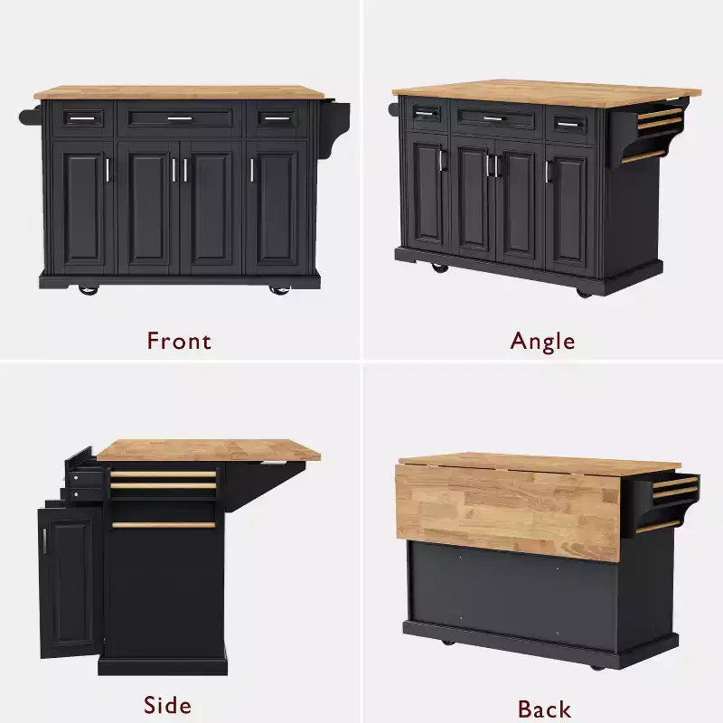 54" Kitchen Island with Rubber Wood Drop Leaf, Wheels, 4 Doors and 3 Drawers