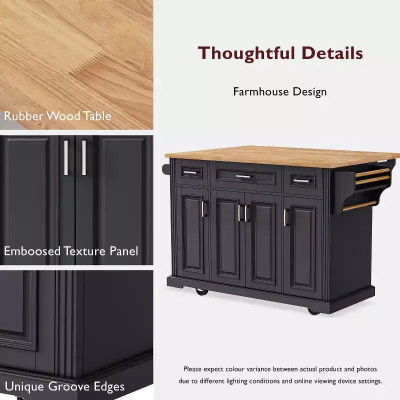 54" Kitchen Island with Rubber Wood Drop Leaf, Wheels, 4 Doors and 3 Drawers