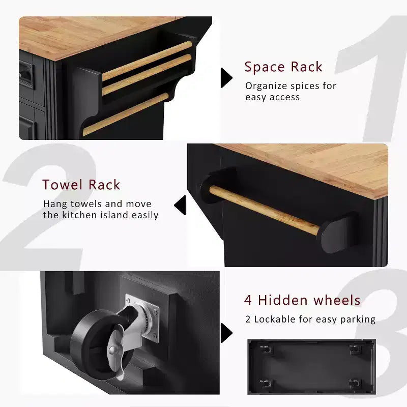54" Kitchen Island with Rubber Wood Drop Leaf, Wheels, 4 Doors and 3 Drawers
