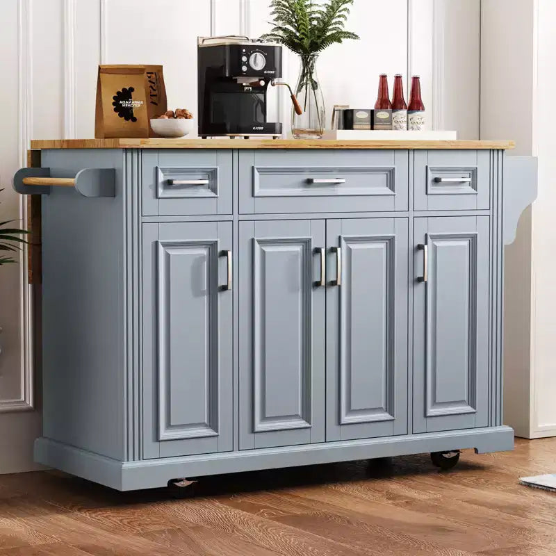 54" Kitchen Island with Rubber Wood Drop Leaf, Wheels, 4 Doors and 3 Drawers