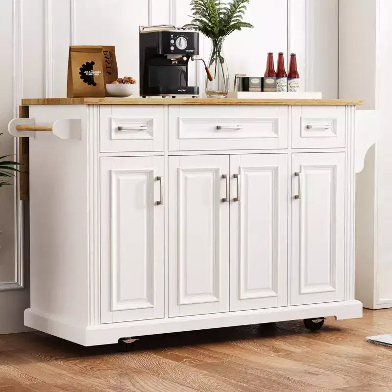 54" Kitchen Island with Rubber Wood Drop Leaf, Wheels, 4 Doors and 3 Drawers