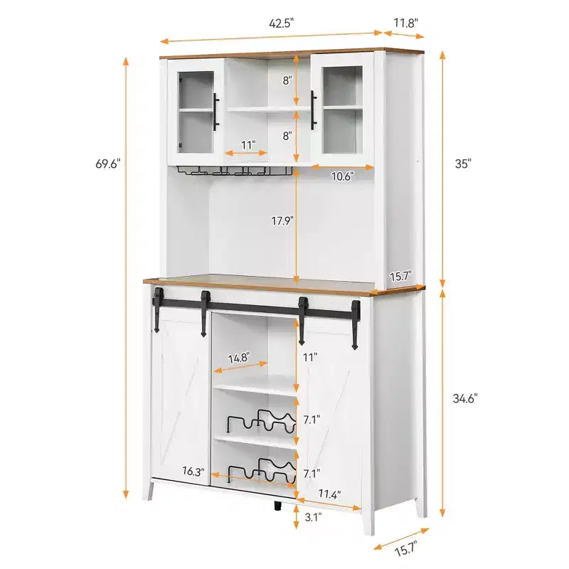 70" Farmhouse Bar Cabinet with Sliding Barn Door, Wine Rack and Glass Holder