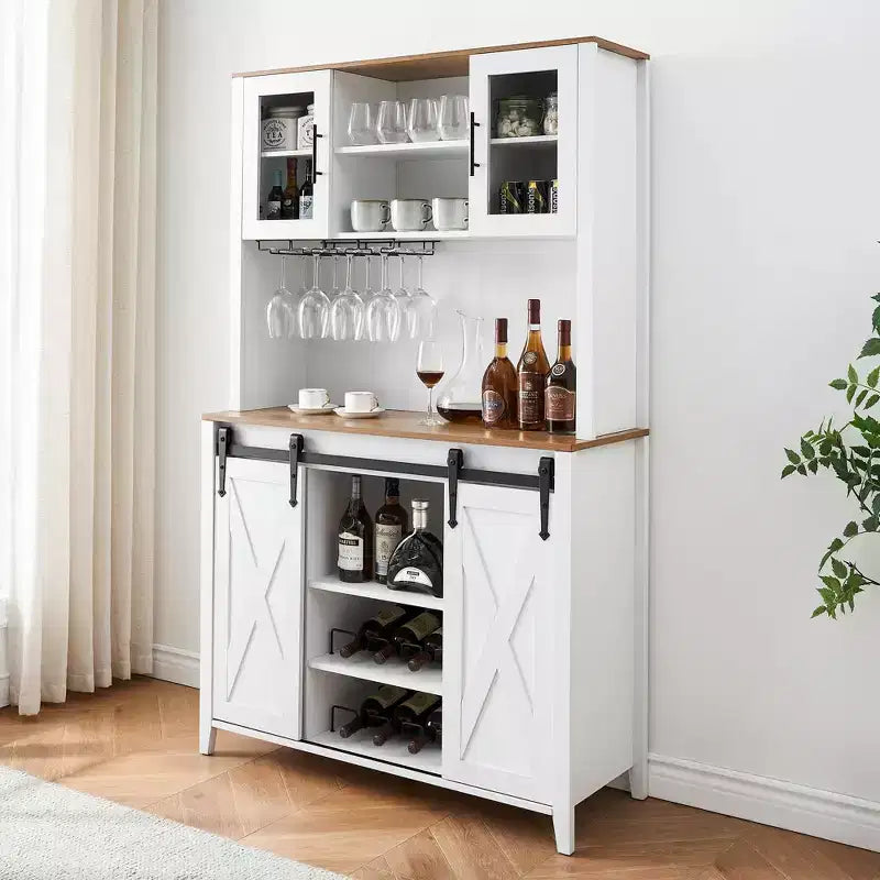 70" Farmhouse Bar Cabinet with Sliding Barn Door, Wine Rack and Glass Holder