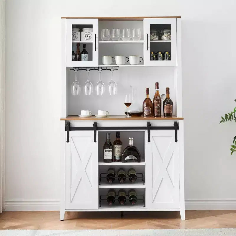 70" Farmhouse Bar Cabinet with Sliding Barn Door, Wine Rack and Glass Holder