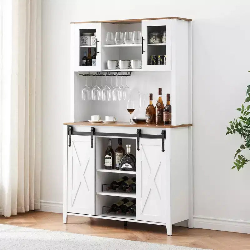 70" Farmhouse Bar Cabinet with Sliding Barn Door, Wine Rack and Glass Holder