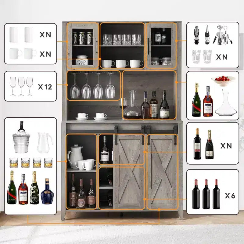 70" Farmhouse Bar Cabinet with Sliding Barn Door, Wine Rack and Glass Holder