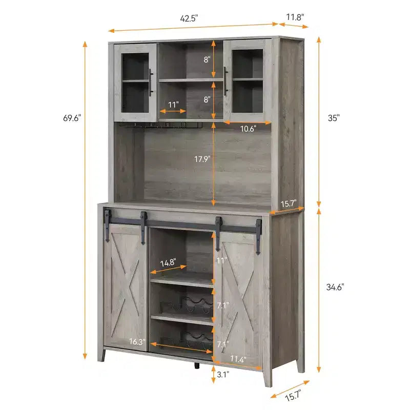 70" Farmhouse Bar Cabinet with Sliding Barn Door, Wine Rack and Glass Holder