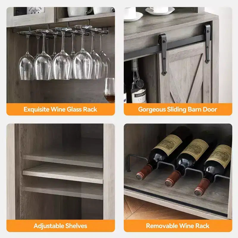 70" Farmhouse Bar Cabinet with Sliding Barn Door, Wine Rack and Glass Holder