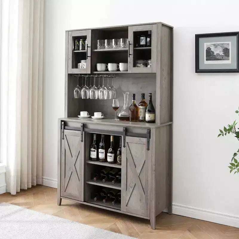 70" Farmhouse Bar Cabinet with Sliding Barn Door, Wine Rack and Glass Holder