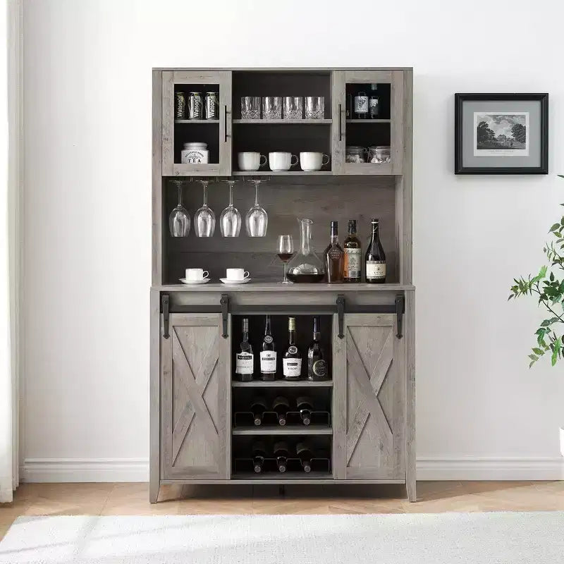 70" Farmhouse Bar Cabinet with Sliding Barn Door, Wine Rack and Glass Holder