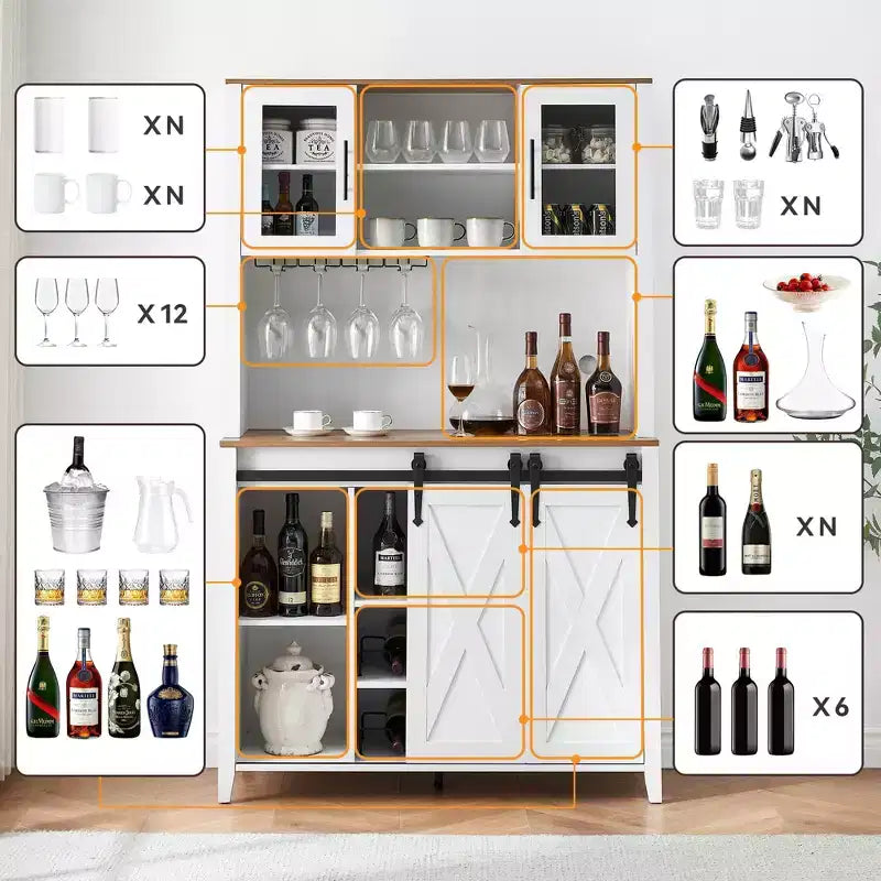 70" Farmhouse Bar Cabinet with Sliding Barn Door, Wine Rack and Glass Holder