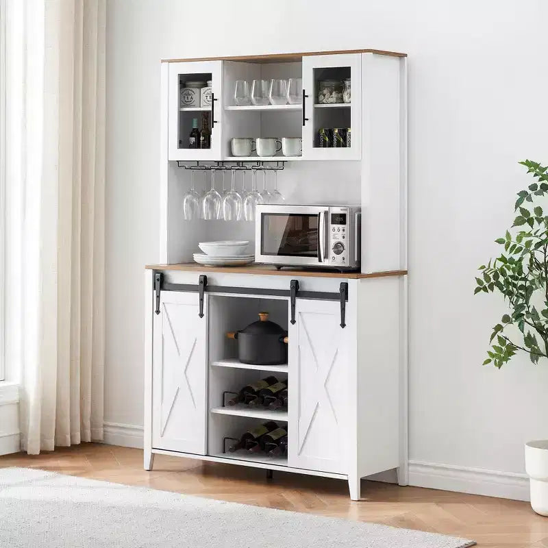 70" Farmhouse Bar Cabinet with Sliding Barn Door, Wine Rack and Glass Holder