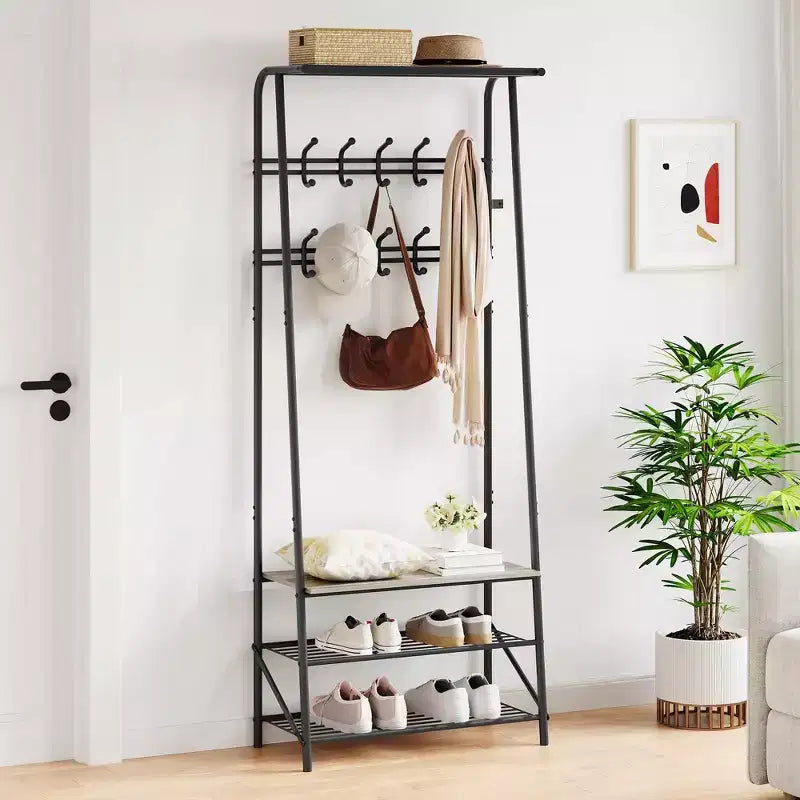 Industrial Entryway Hall Tree with Double Hooks, Shoe Storage Bench and Top Shelf