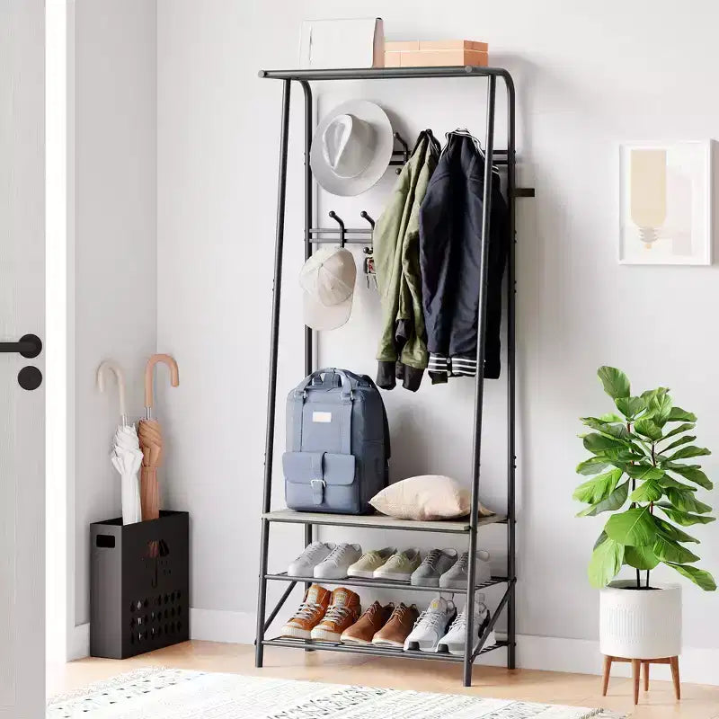 Industrial Entryway Hall Tree with Double Hooks, Shoe Storage Bench and Top Shelf