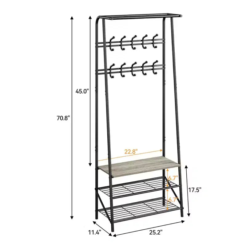 Industrial Entryway Hall Tree with Double Hooks, Shoe Storage Bench and Top Shelf