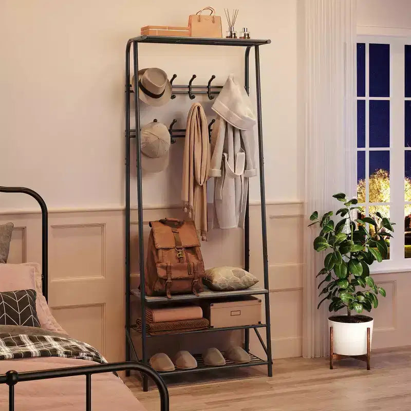 Industrial Entryway Hall Tree with Double Hooks, Shoe Storage Bench and Top Shelf